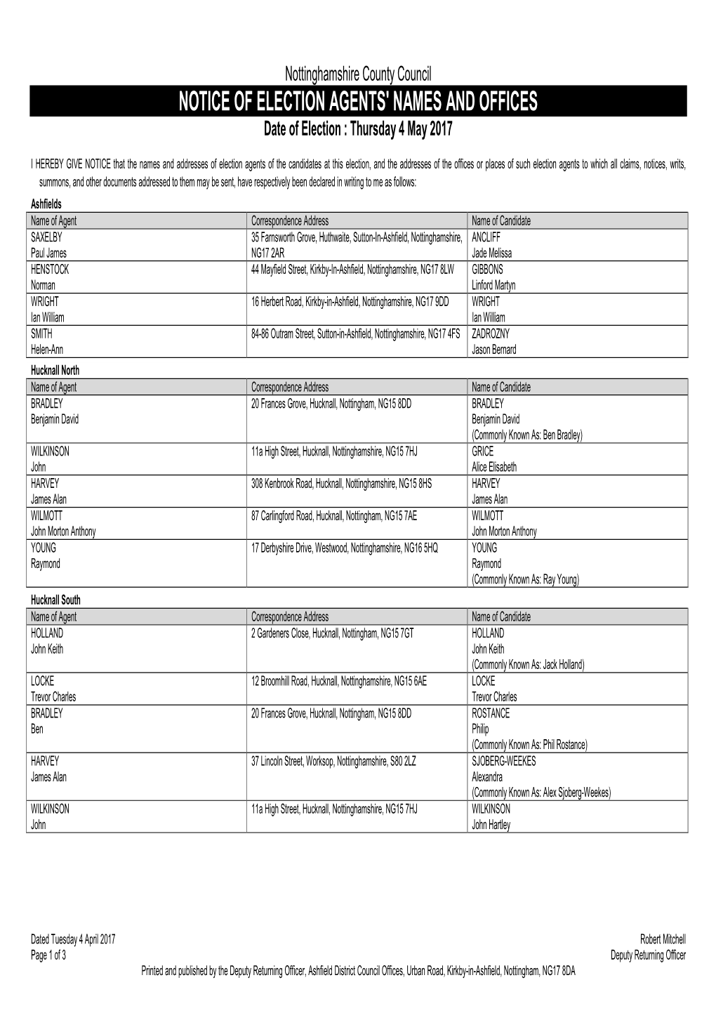 NOTICE of ELECTION AGENTS' NAMES and OFFICES Date of Election : Thursday 4 May 2017