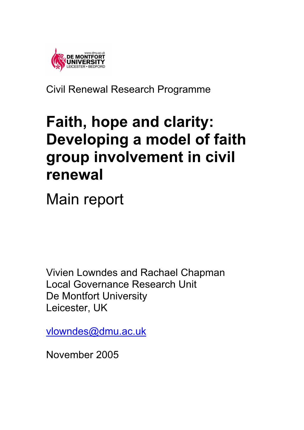 Faith, Hope and Clarity: Developing a Model of Faith Group Involvement in Civil Renewal