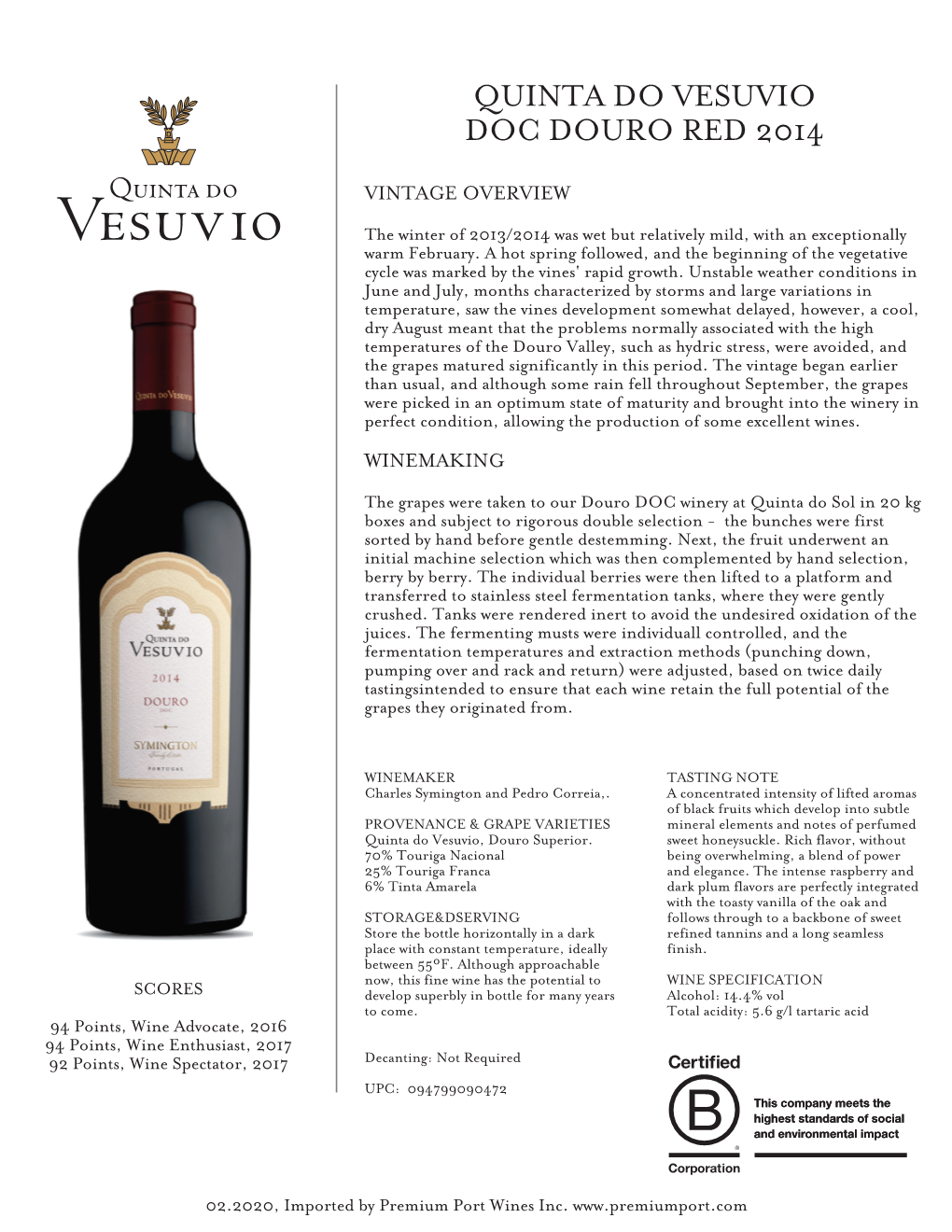 Quinta Do Vesuvio DOC 2014 Product Sheet