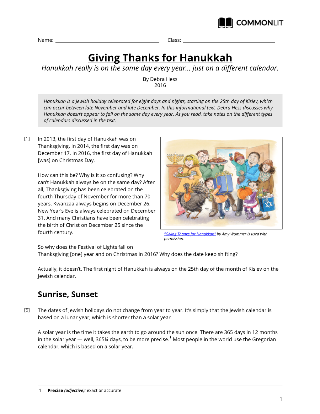 Commonlit | Giving Thanks for Hanukkah