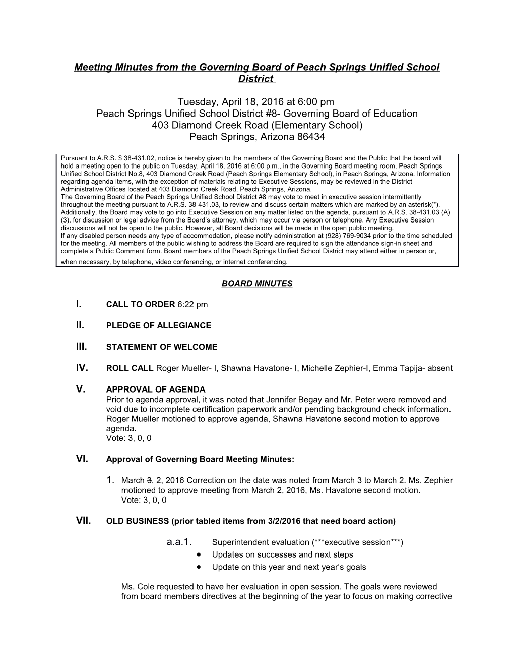 Meeting Minutes from the Governing Board of Peach Springs Unified School District