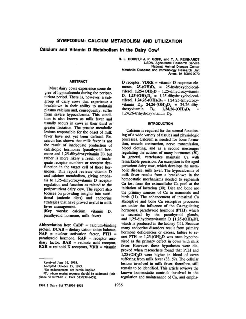 Calcium and Vitamin D Metabolism in the Dairy Cowl