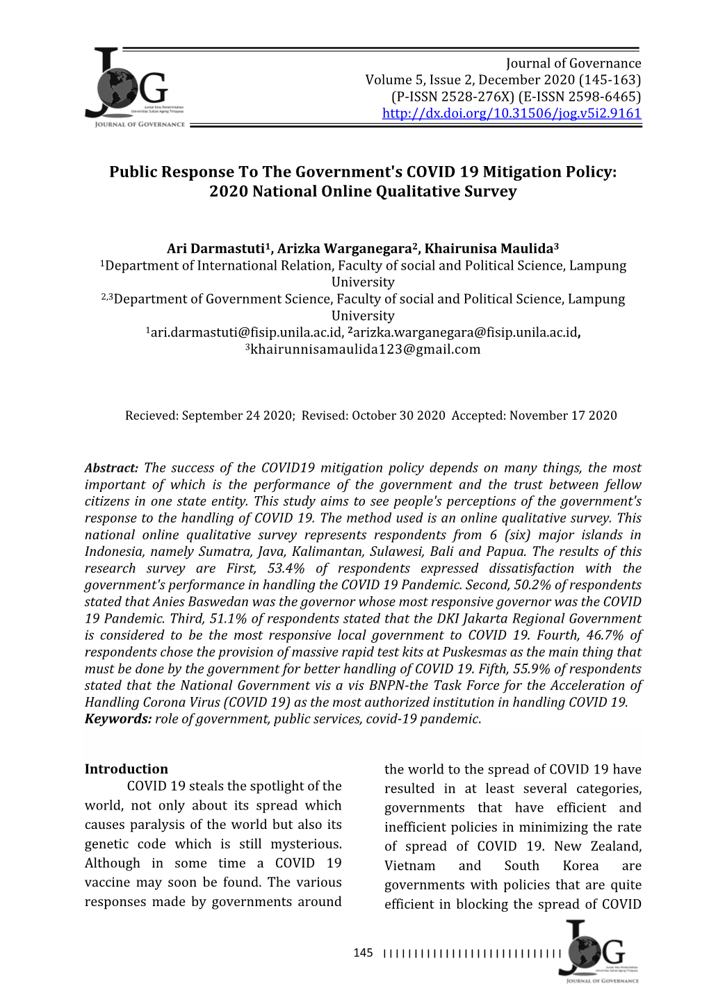 Public Response to the Government's COVID 19 Mitigation Policy: 2020 National Online Qualitative Survey