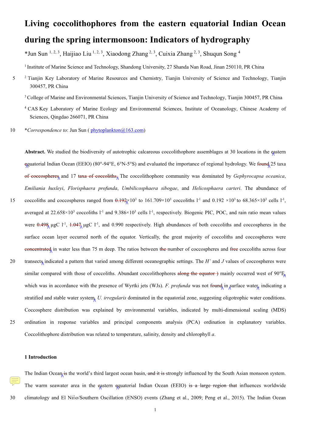 Living Coccolithophores from the Eastern Equatorial Indian Ocean During the Spring Intermonsoon: Indicators of Hydrography