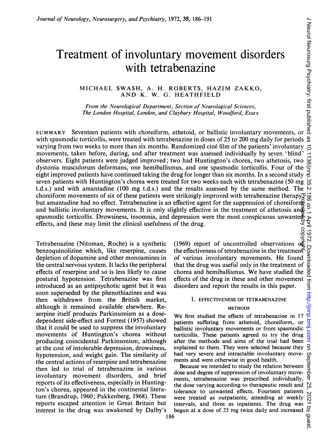 Treatment of Involuntary Movement Disorders with Tetrabenazine