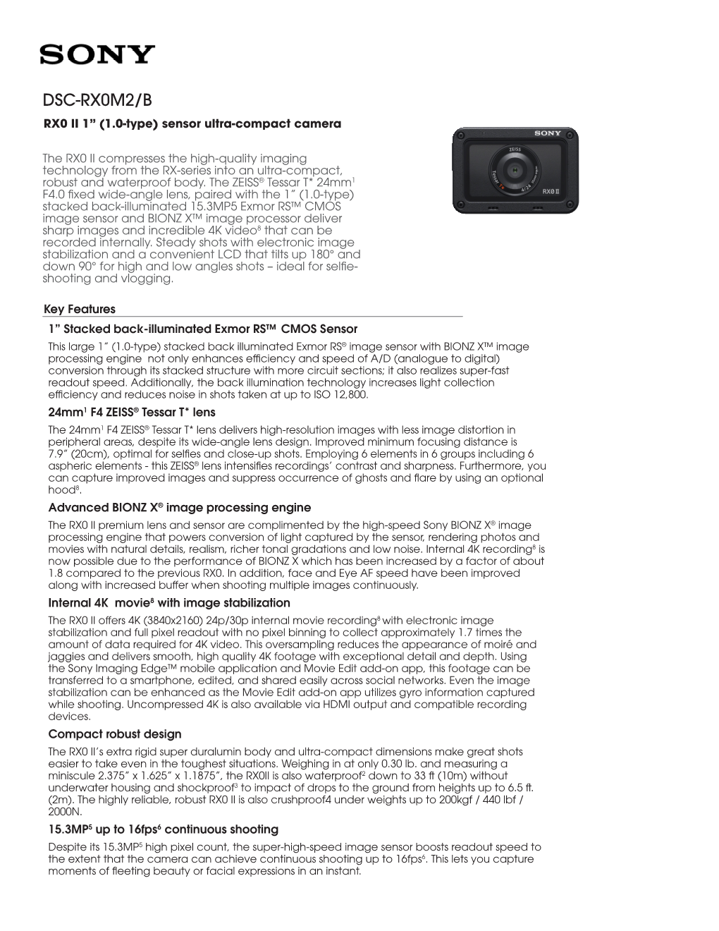 DSC-RX0M2/B RX0 II 1” (1.0-Type) Sensor Ultra-Compact Camera