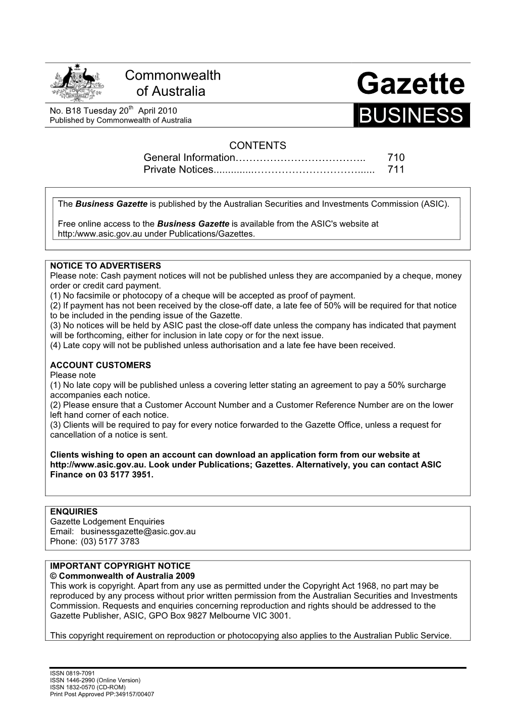 Business Gazette Is Published by the Australian Securities and Investments Commission (ASIC)