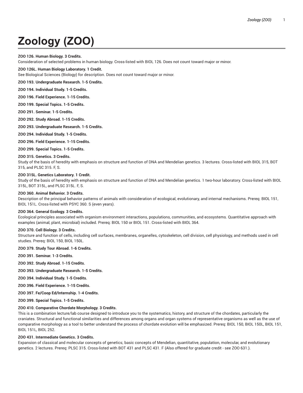 Zoology (ZOO) 1