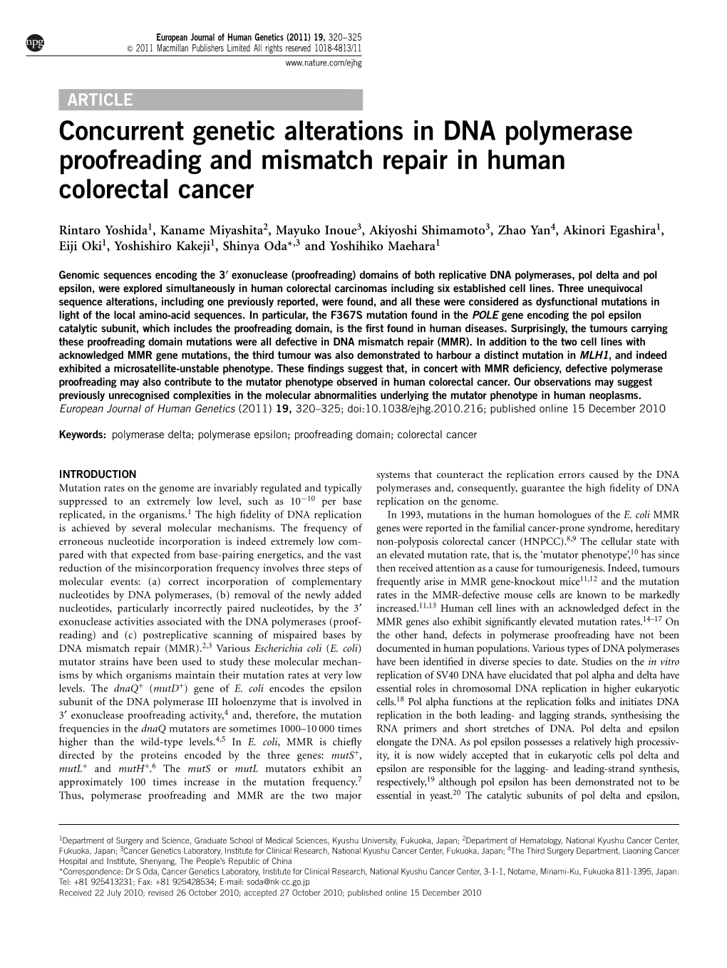 Concurrent Genetic Alterations in DNA Polymerase Proofreading and Mismatch Repair in Human Colorectal Cancer