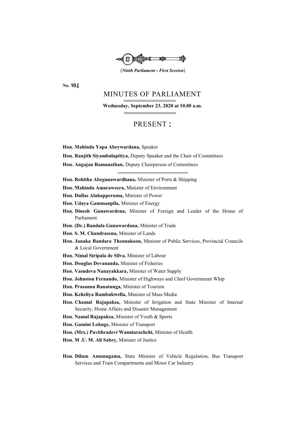 Minutes of Parliament for 23.09.2020