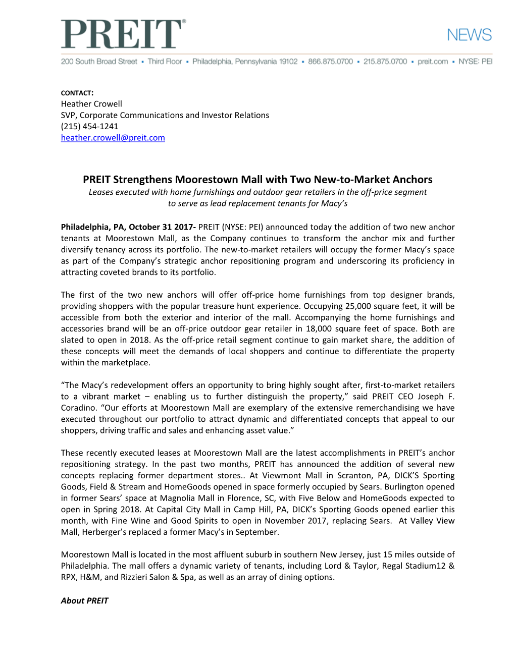 PREIT Strengthens Moorestown Mall with Two New-To-Market Anchors