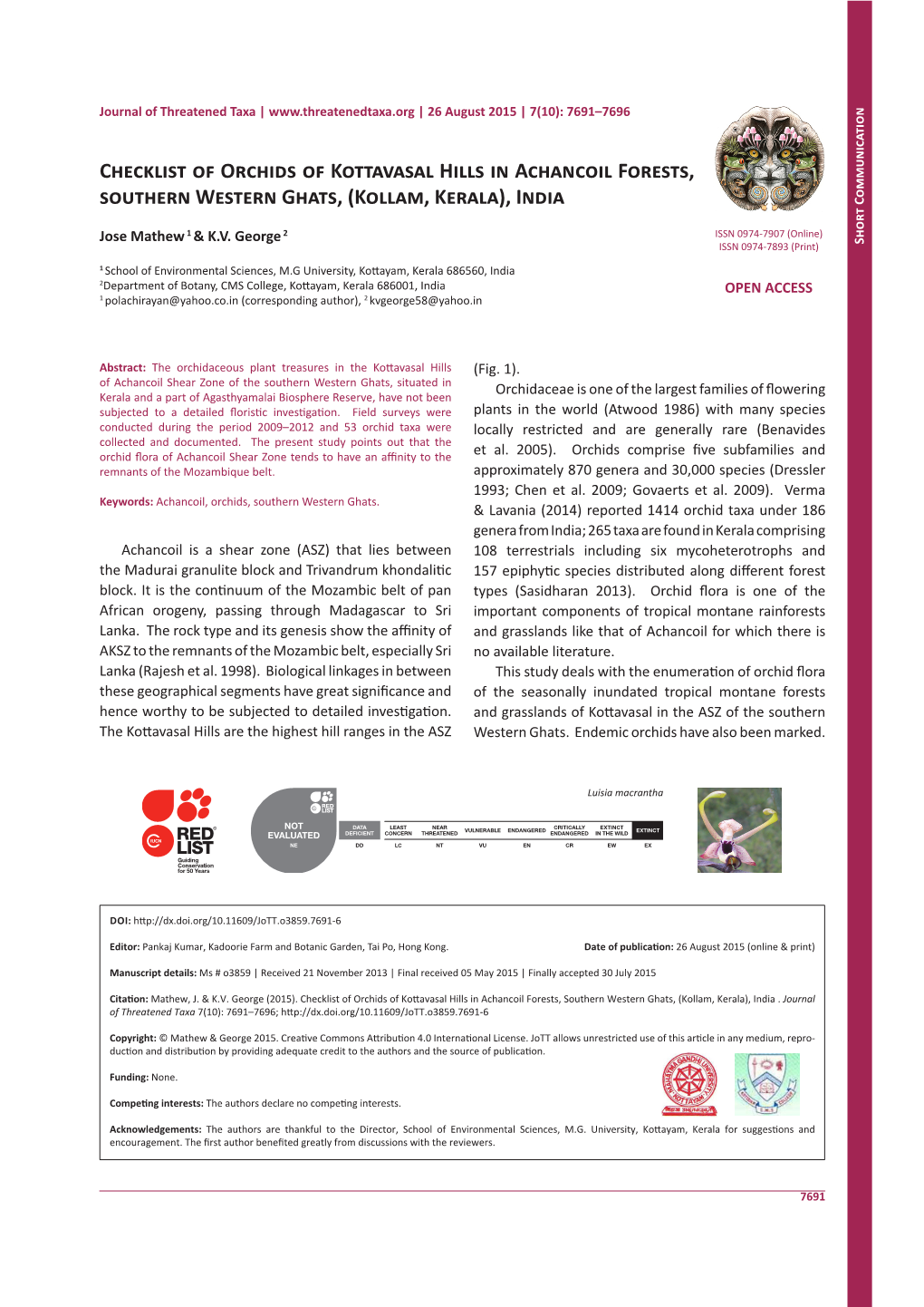 Checklist of Orchids of Kottavasal Hills in Achancoil Forests, Southern Western Ghats, (Kollam, Kerala), India