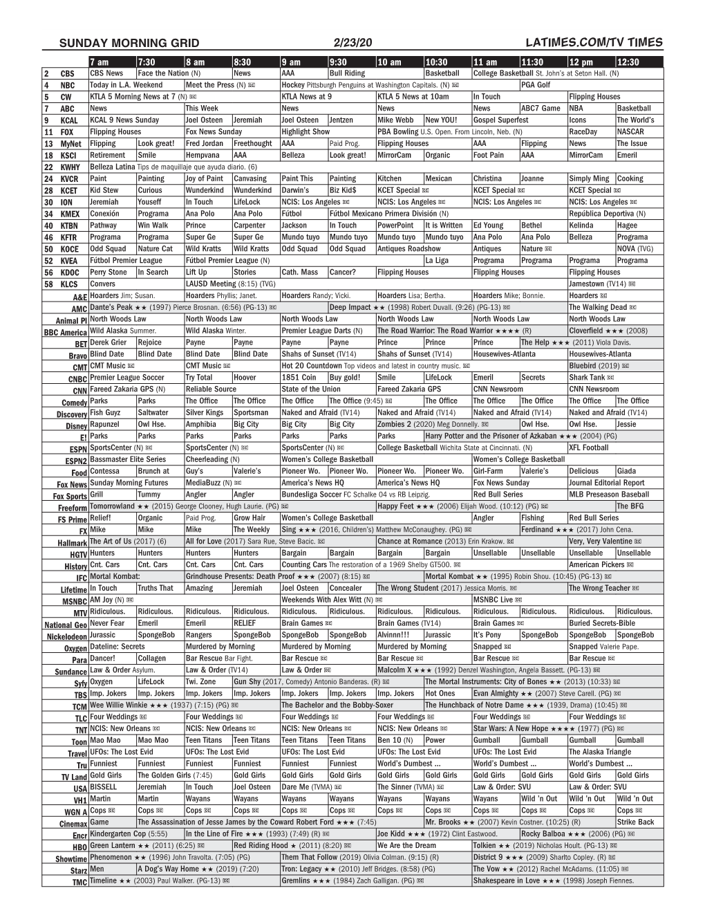 Sunday Morning Grid 2/23/20 Latimes.Com/Tv Times