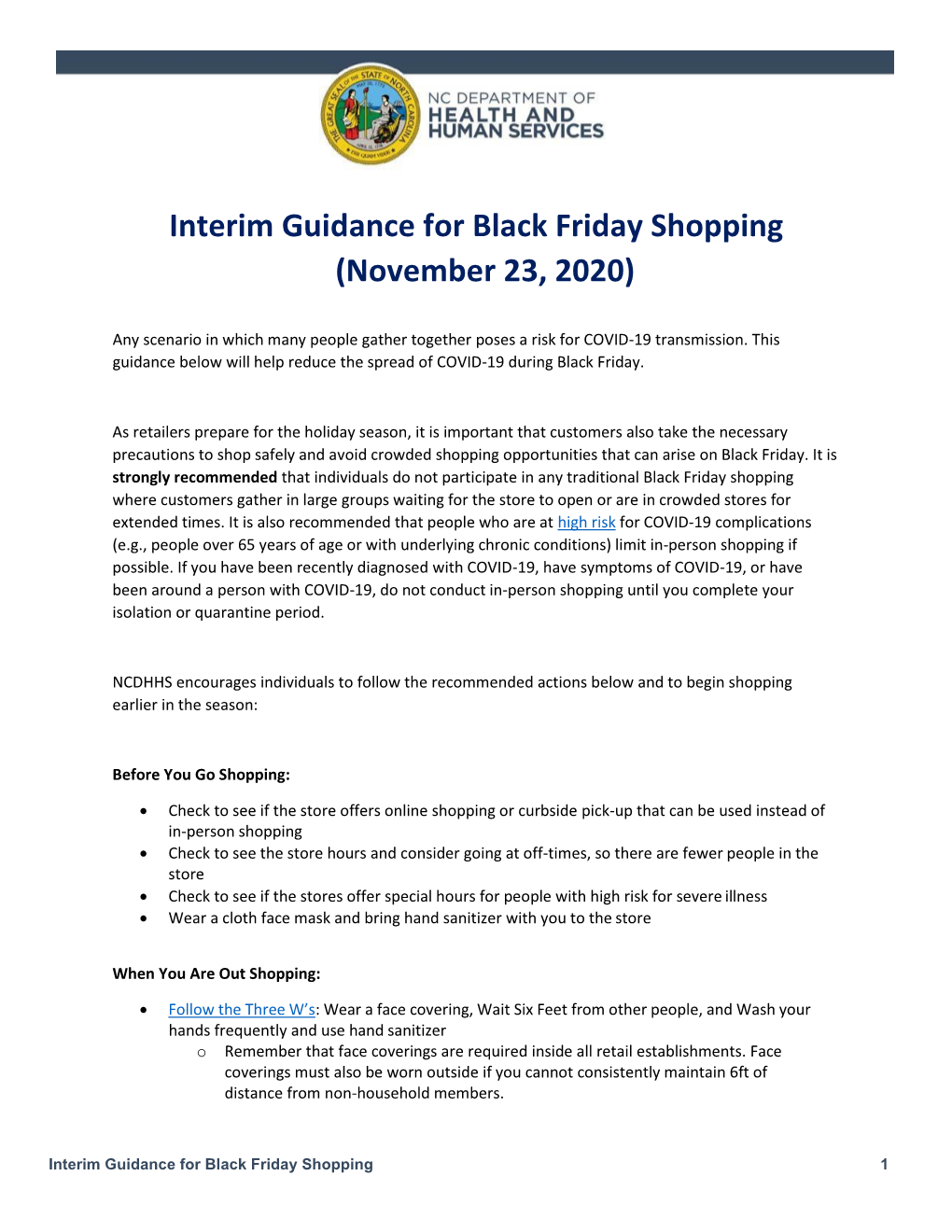 Interim Guidance for Black Friday Shopping (November 23, 2020)