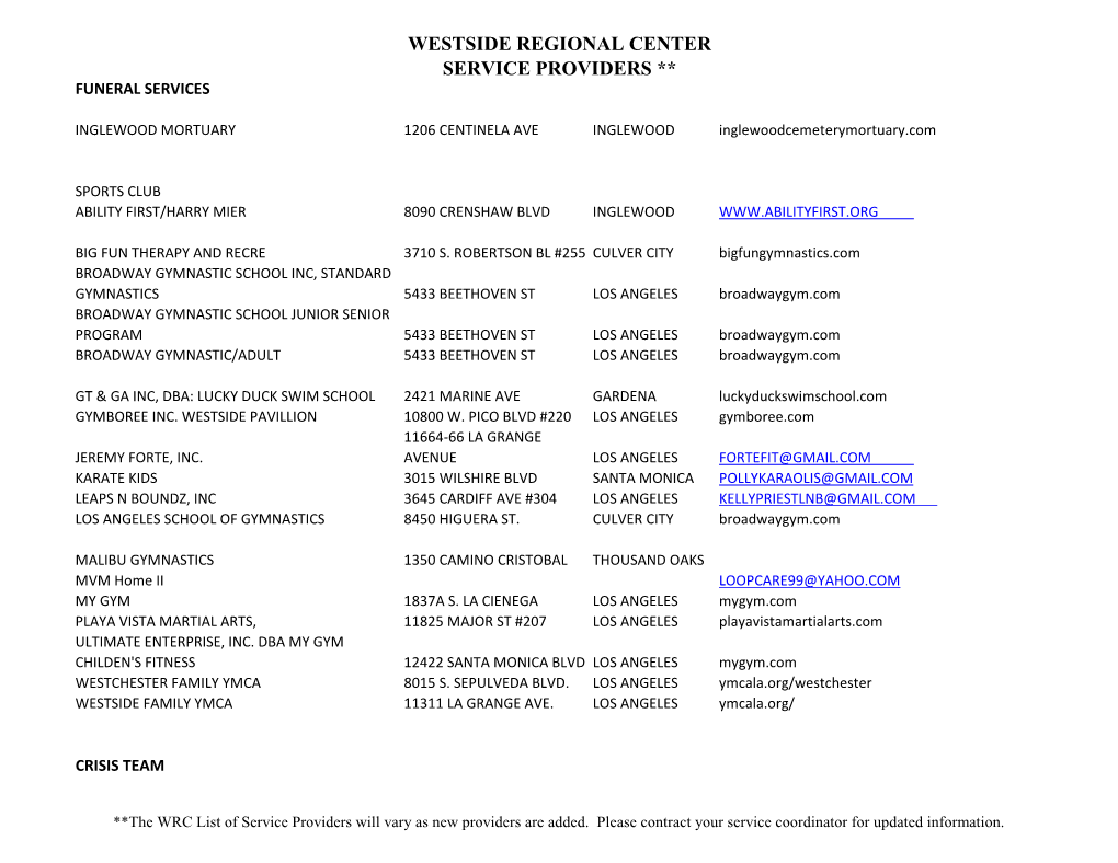 Westside Regional Center Service Providers ** Funeral Services