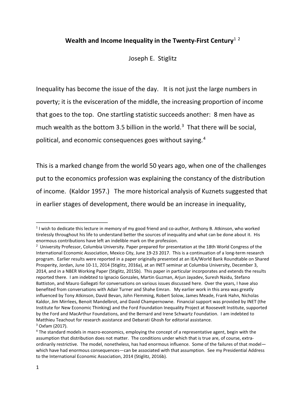 Wealth and Income Inequality in the Twenty-First Century1 2 Joseph E