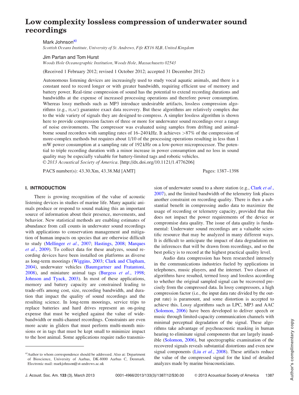 Low Complexity Lossless Compression of Underwater Sound Recordings