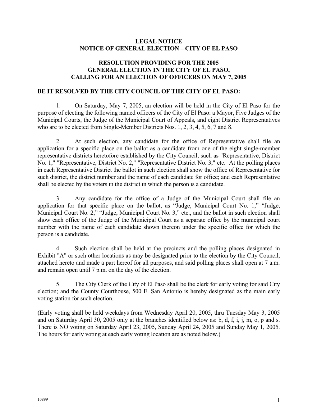 Resolution Providing for the 2005 General Election in the City of El Paso, Calling for an Election of Officers on May 7, 2005