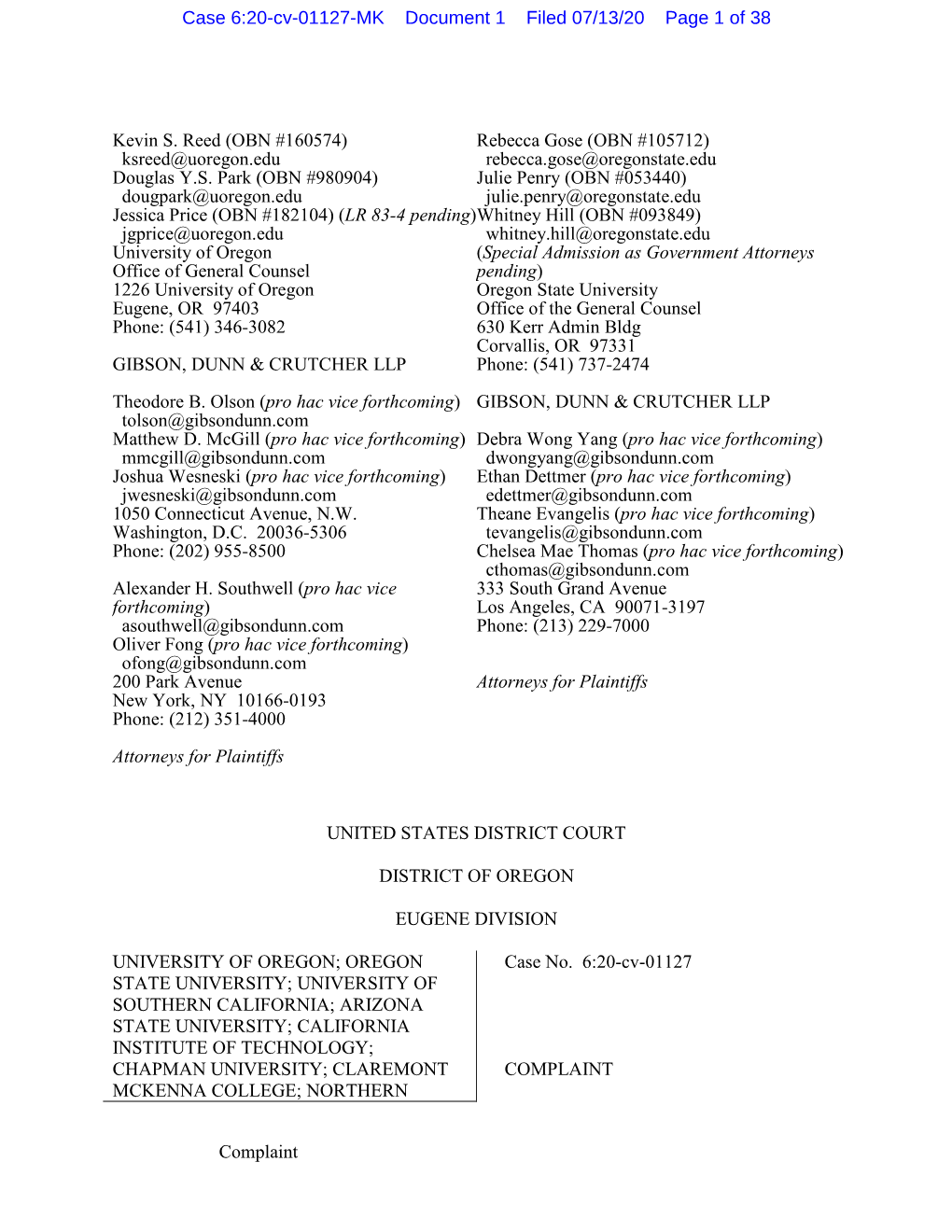 Complaint Kevin S. Reed (OBN #160574) Ksreed@Uoregon.Edu