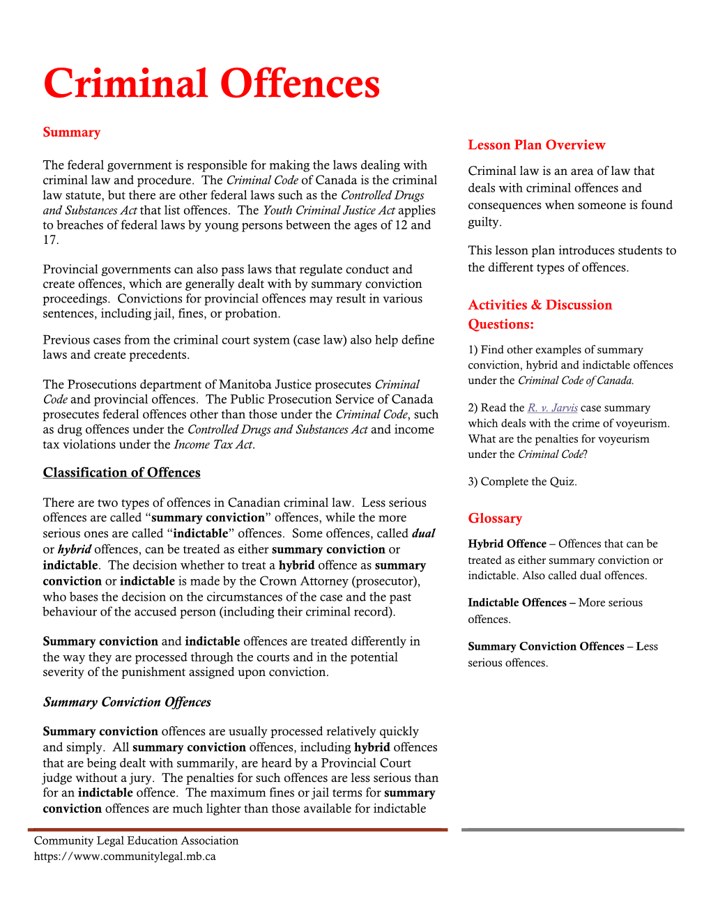 Criminal Offences Lesson Plan