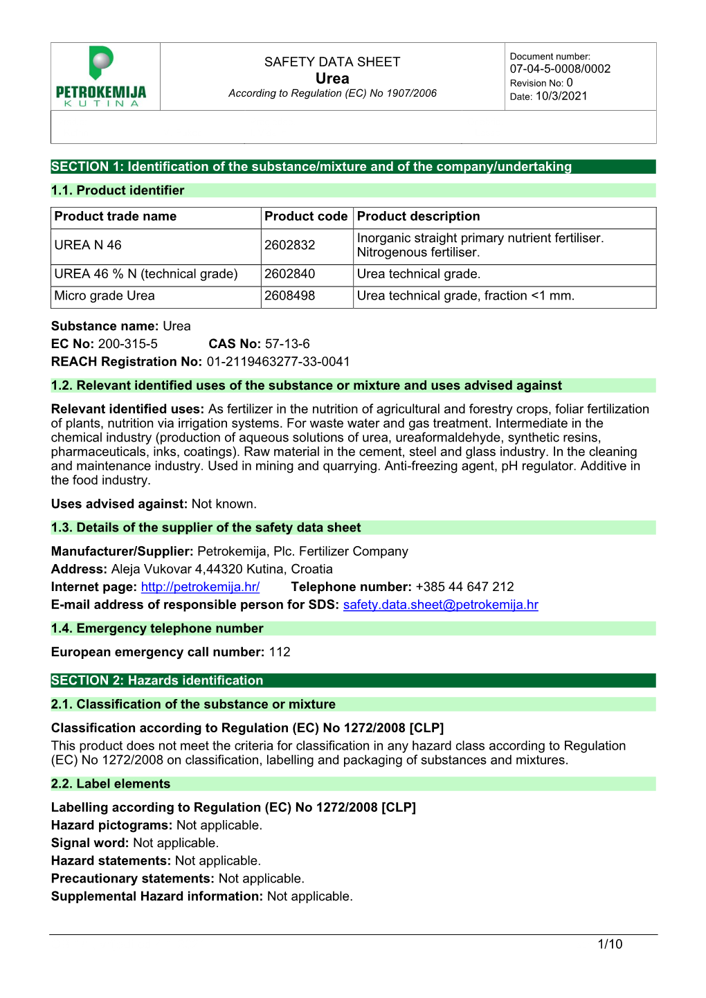 SAFETY DATA SHEET OB-1/1, Vrijedi Od 4.1.2021. Str. 1/10 SECTION 1