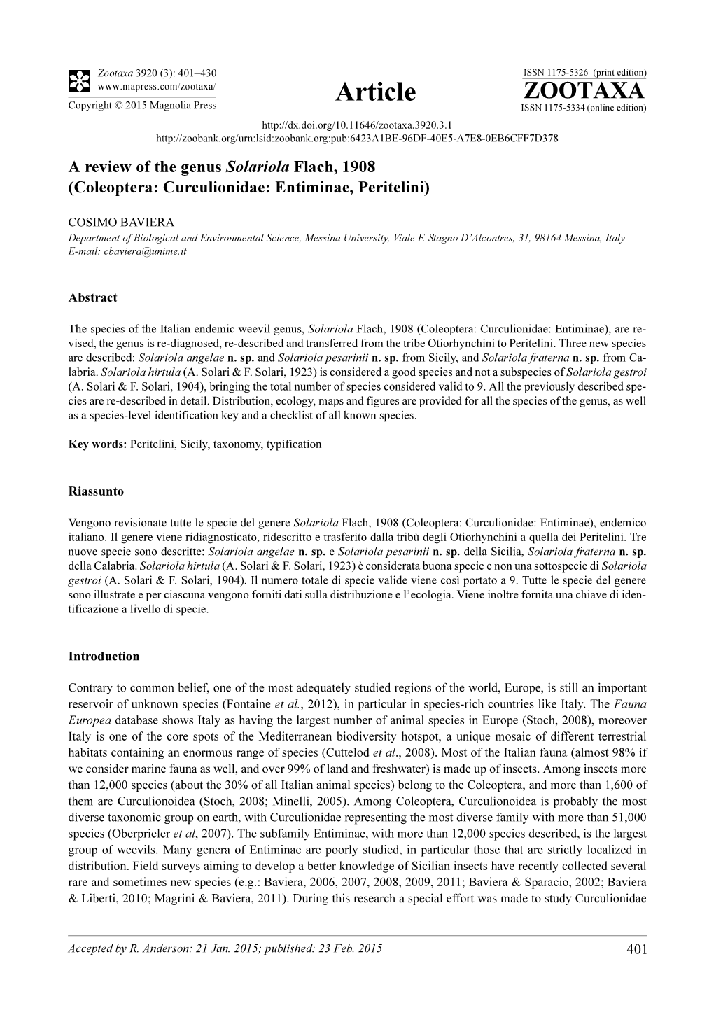 A Review of the Genus Solariola Flach, 1908 (Coleoptera: Curculionidae: Entiminae, Peritelini)