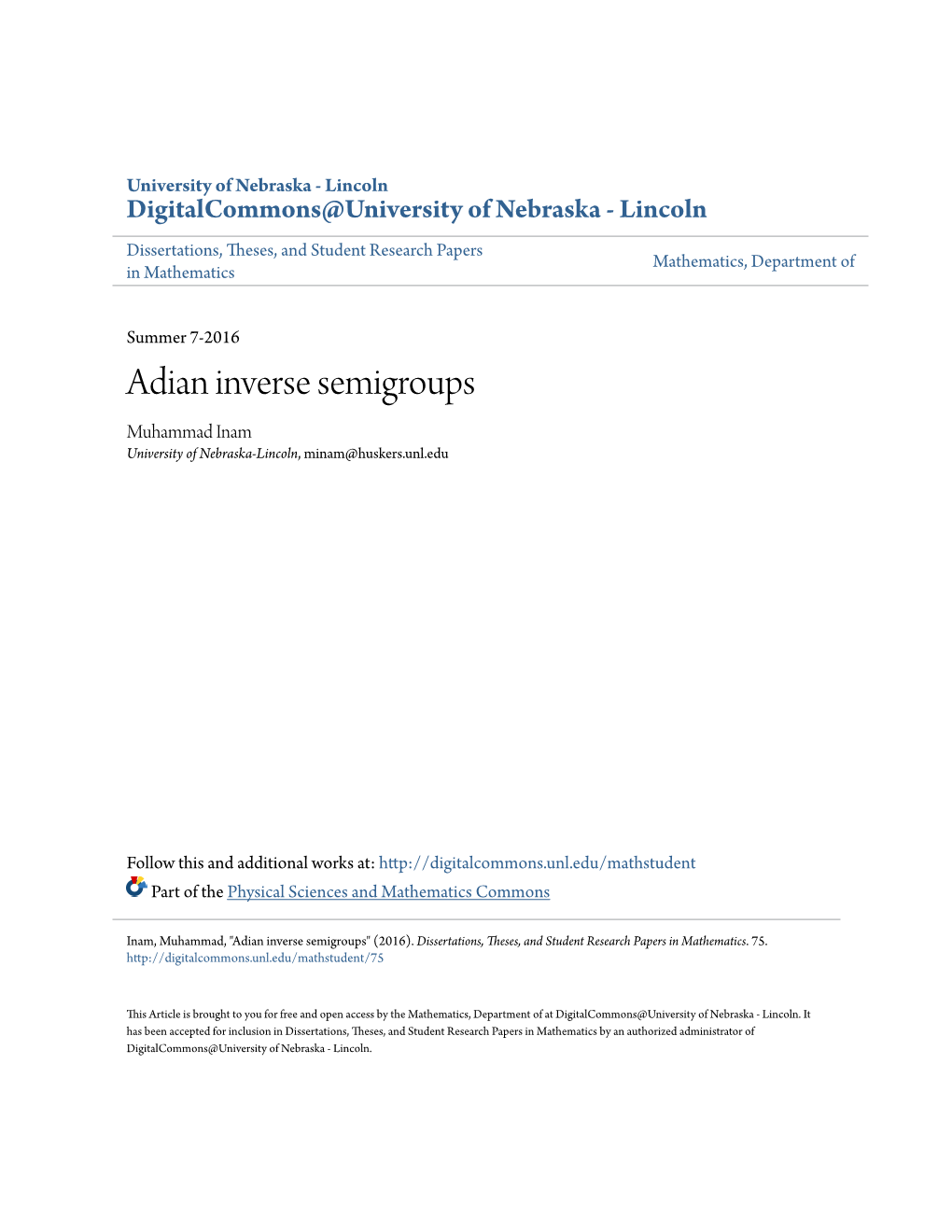 Adian Inverse Semigroups Muhammad Inam University of Nebraska-Lincoln, Minam@Huskers.Unl.Edu