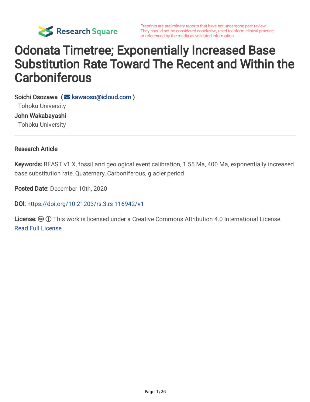 Odonata Timetree; Exponentially Increased Base Substitution Rate Toward the Recent and Within the Carboniferous