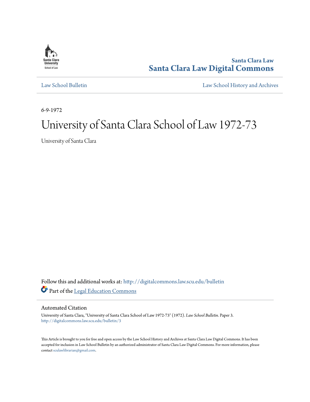 University of Santa Clara School of Law 1972-73 University of Santa Clara