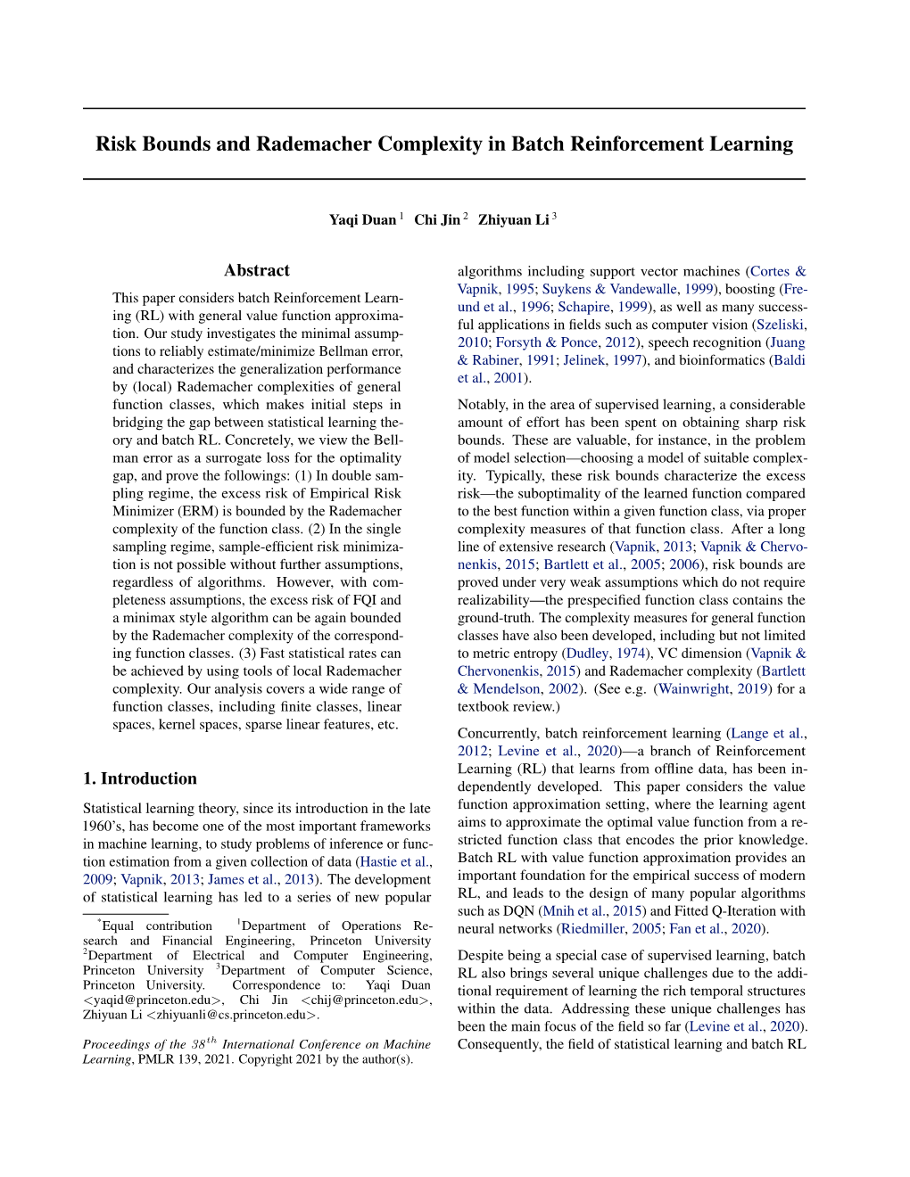 Risk Bounds and Rademacher Complexity in Batch Reinforcement Learning