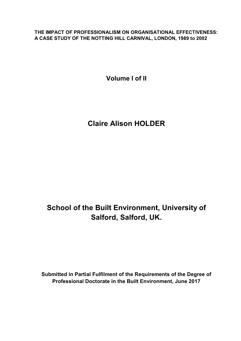 Claire Alison HOLDER School of the Built Environment, University of Salford, Salford