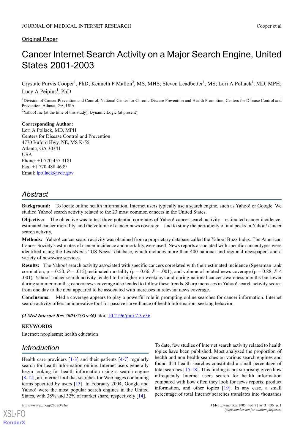 Cancer Internet Search Activity on a Major Search Engine, United States 2001-2003