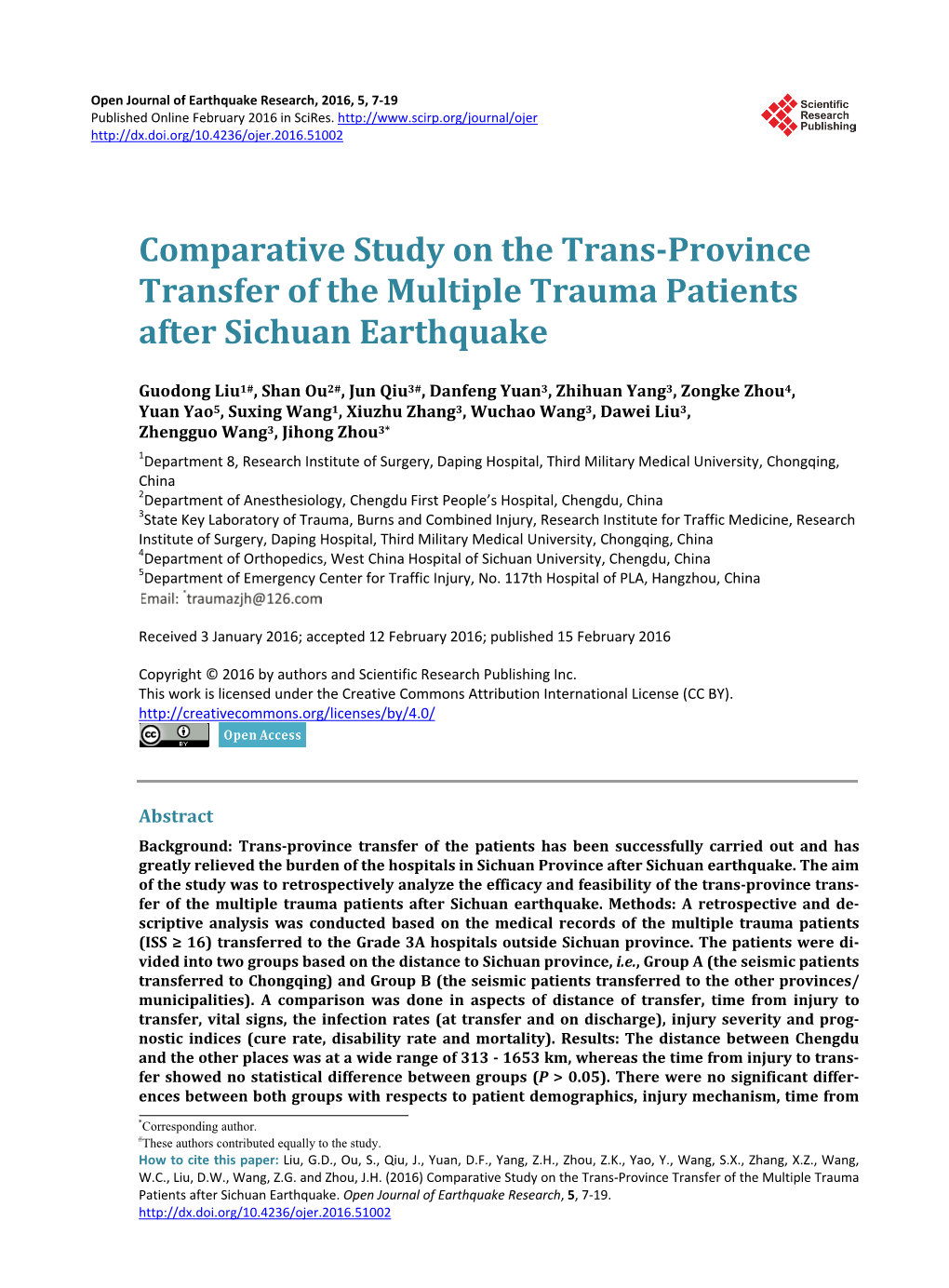 Comparative Study on the Trans-Province Transfer of the Multiple Trauma Patients After Sichuan Earthquake