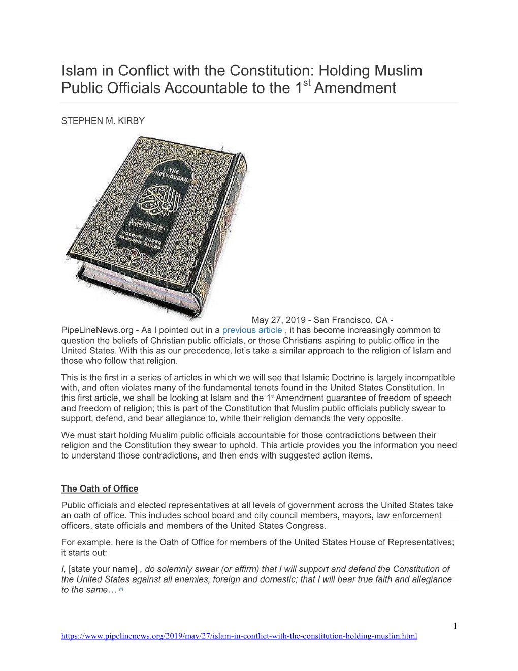Islam in Conflict with the Constitution: Holding Muslim Public Officials Accountable to the 1St Amendment