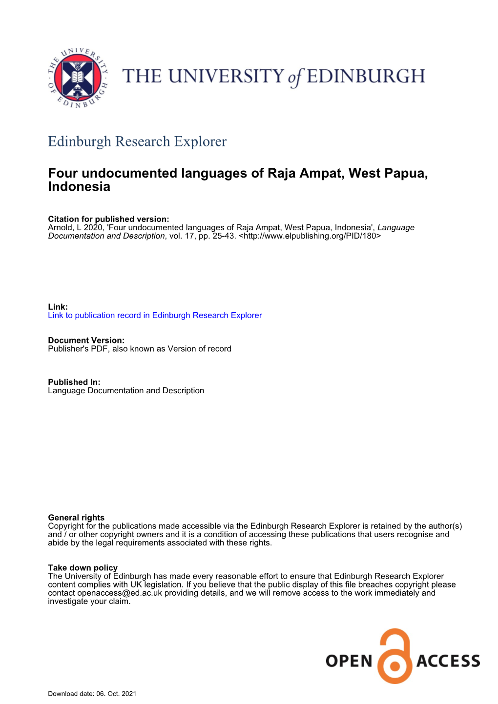 Four Undocumented Languages of Raja Ampat, West Papua, Indonesia', Language Documentation and Description, Vol