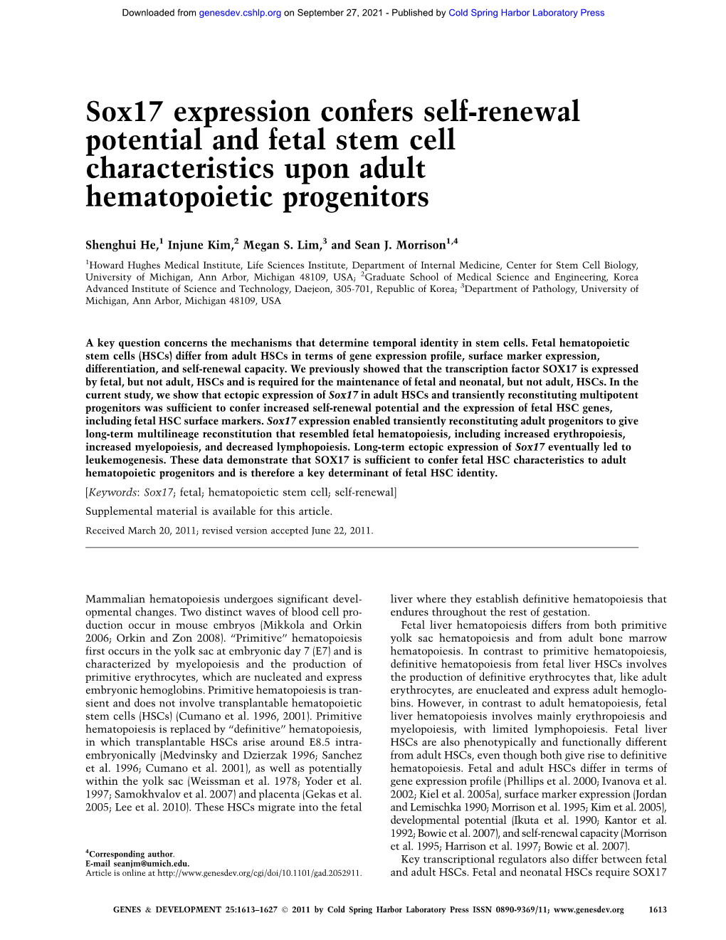 Sox17 Expression Confers Self-Renewal Potential and Fetal Stem Cell Characteristics Upon Adult Hematopoietic Progenitors