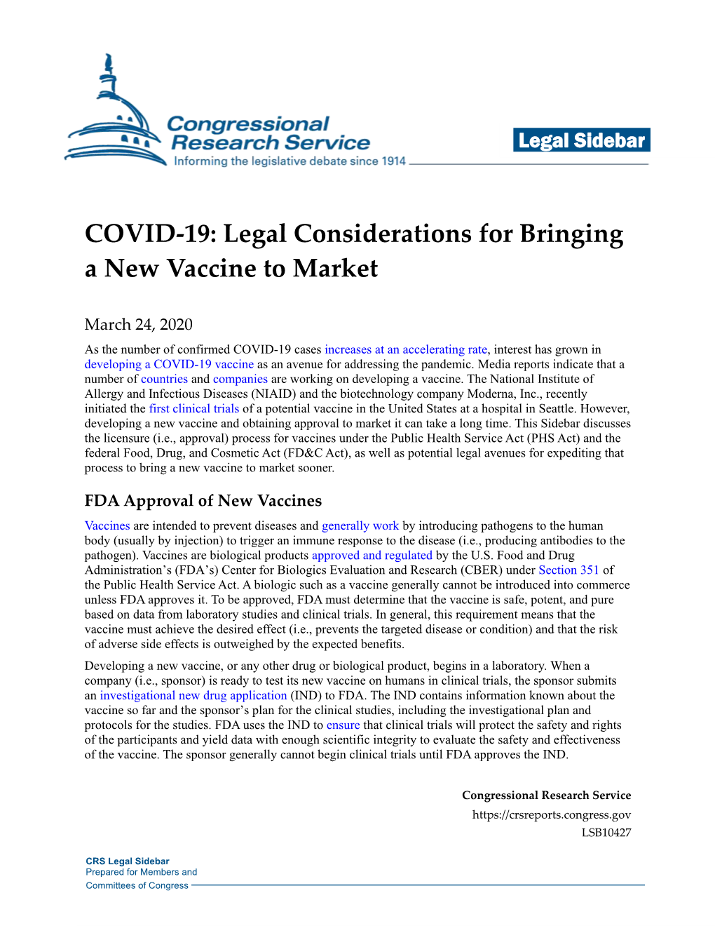 COVID-19: Legal Considerations for Bringing a New Vaccine to Market