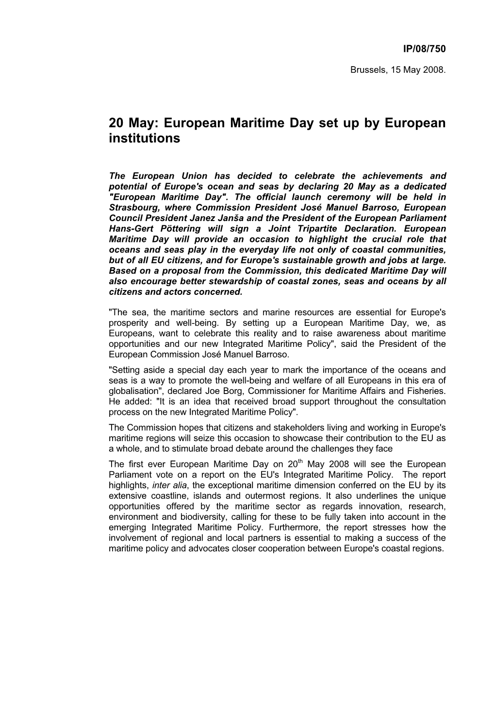 20 May: European Maritime Day Set up by European Institutions