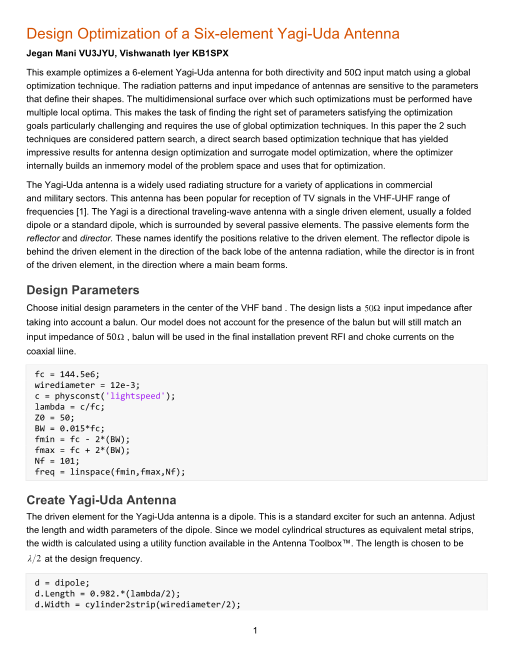 Design Optimization of a Six-Element Yagi-Uda Antenna Jegan Mani VU3JYU, Vishwanath Iyer KB1SPX