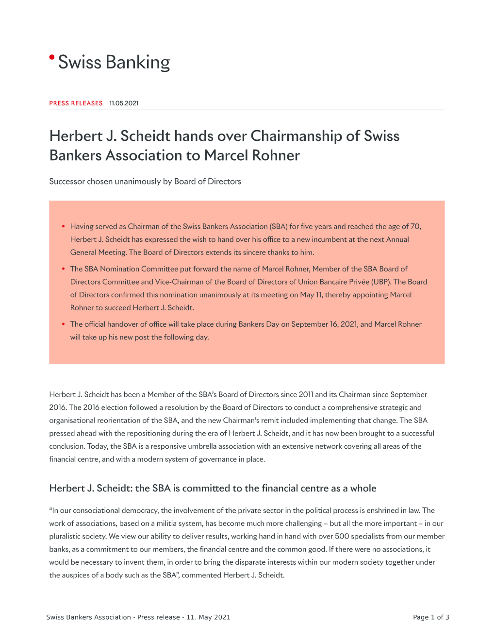 Herbert J. Scheidt Hands Over Chairmanship of Swiss Bankers Association to Marcel Rohner