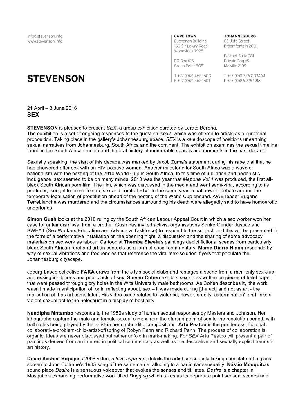 3 June 2016 STEVENSON Is Pleased to Present SEX, a Group