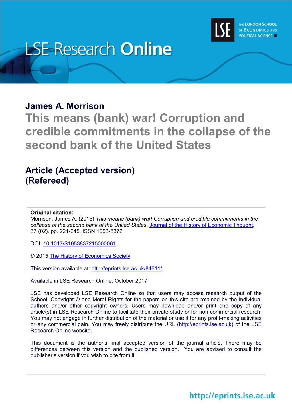 This Means (Bank) War! Corruption and Credible Commitments in the Collapse of the Second Bank of the United States