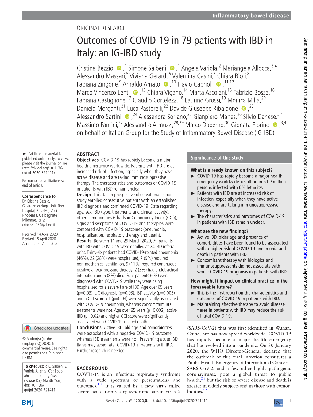 Outcomes of COVID-19 in 79 Patients with IBD in Italy