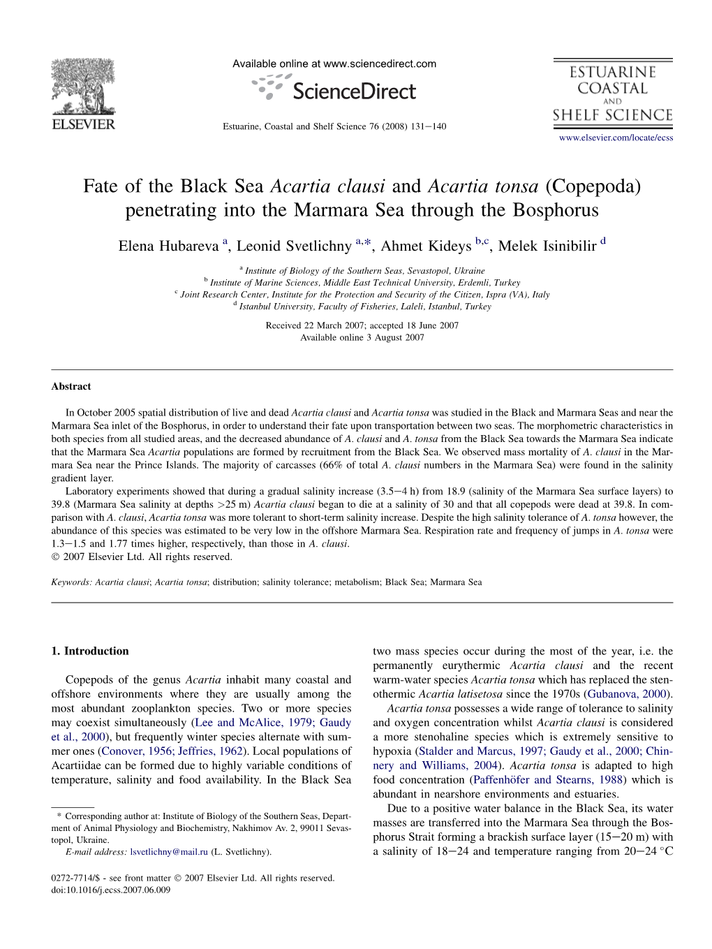 Fate of the Black Sea Acartia Clausi and Acartia Tonsa (Copepoda) Penetrating Into the Marmara Sea Through the Bosphorus