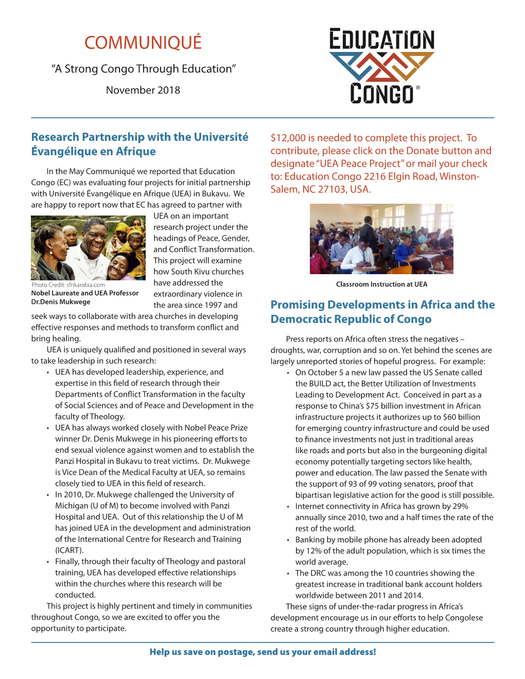 COMMUNIQUÉ “A Strong Congo Through Education” November 2018 ®