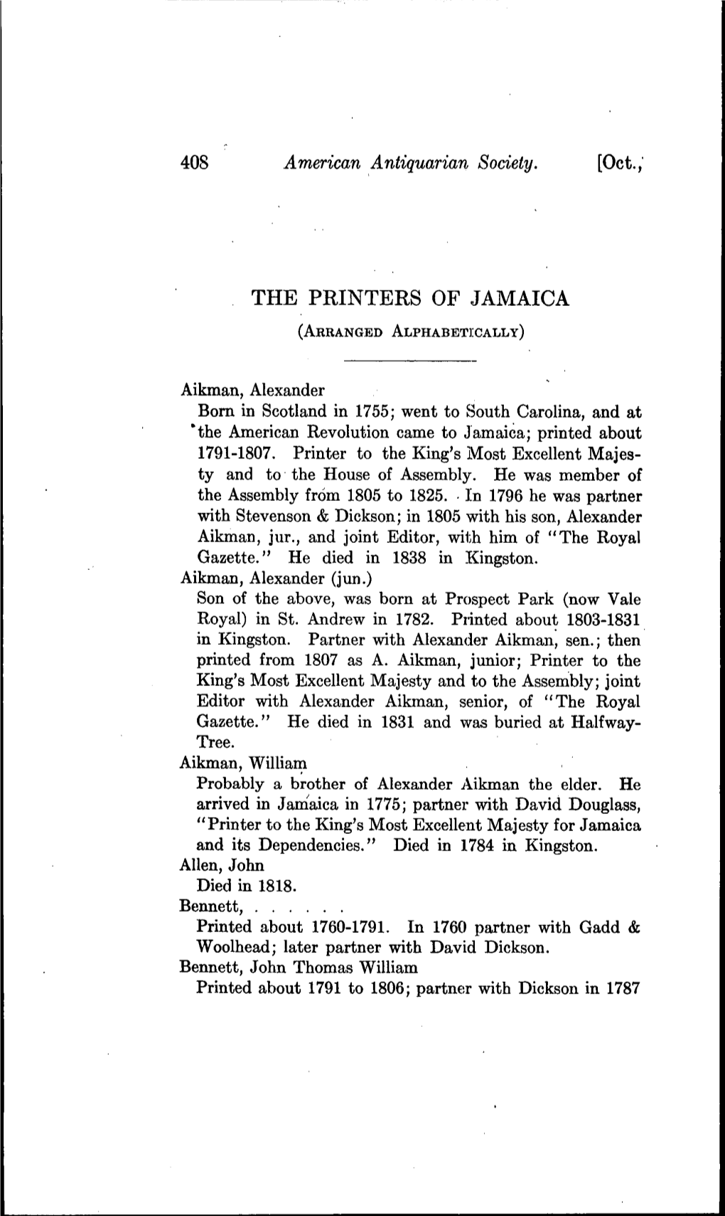 The Printers of Jamaica (Arbanged Alphabetically)