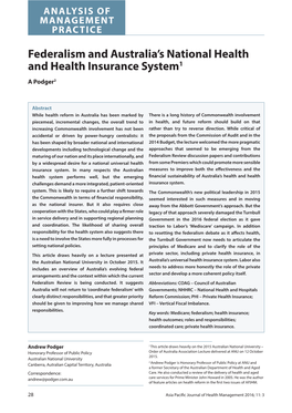 Federalism and Australia's National Health and Health Insurance System1