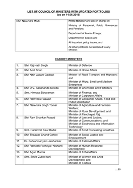 LIST of COUNCIL of MINISTERS with UPDATED PORTFOLIOS (As on 14.06.2019)