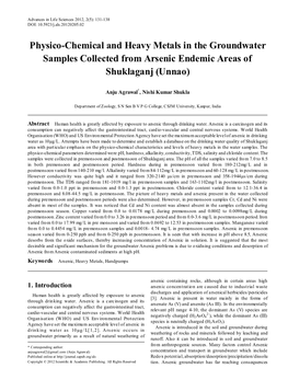 Physico-Chemical and Heavy Metals in the Groundwater Samples Collected from Arsenic Endemic Areas of Shuklaganj (Unnao)