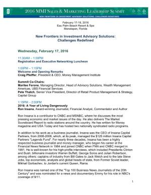 New Frontiers in Investment Advisory Solutions: Challenges Redefined Wednesday, February 17, 2016